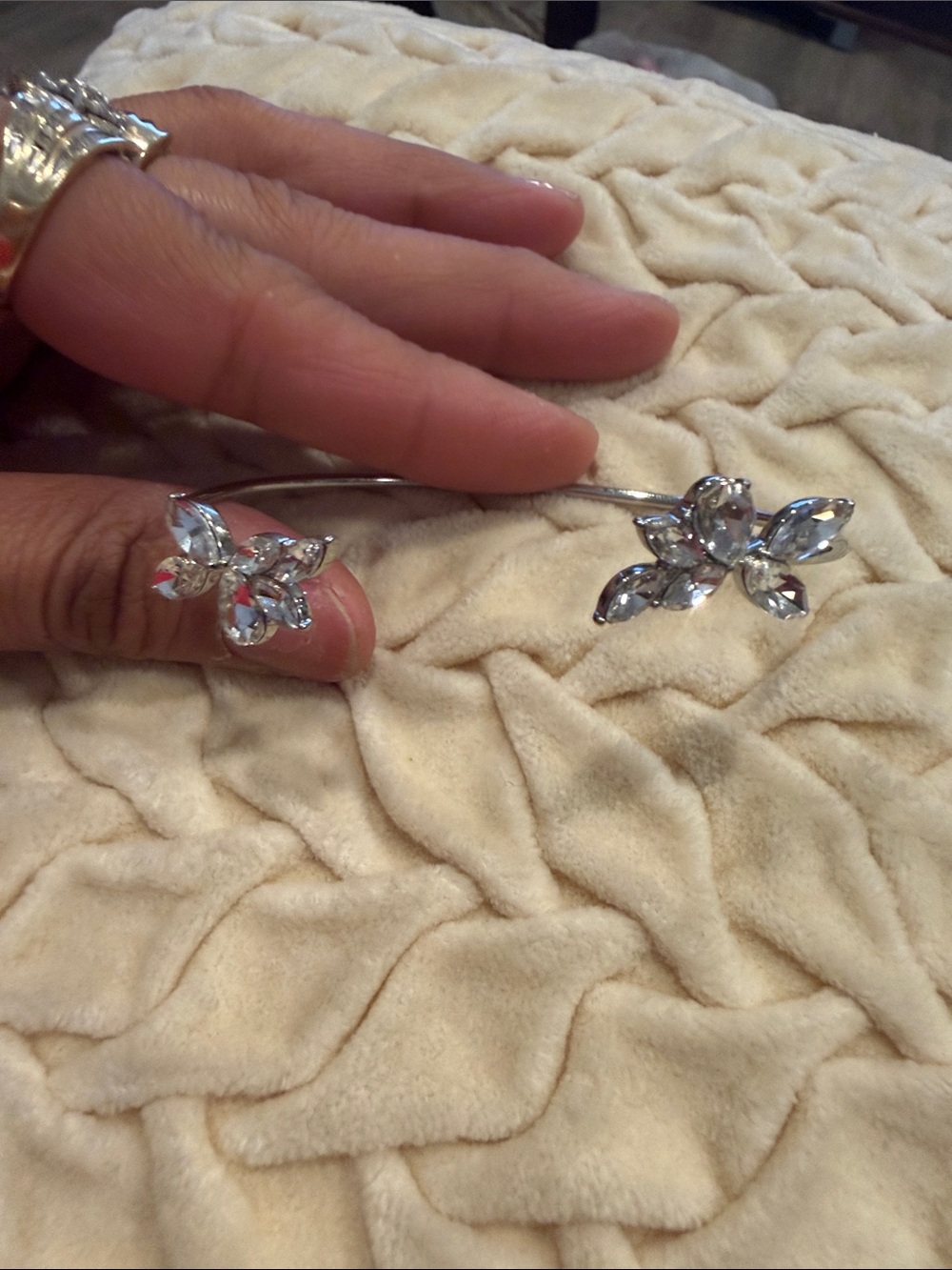Open Cuff Bracelet with Clear Crystal Flower Accents - Silver Tone